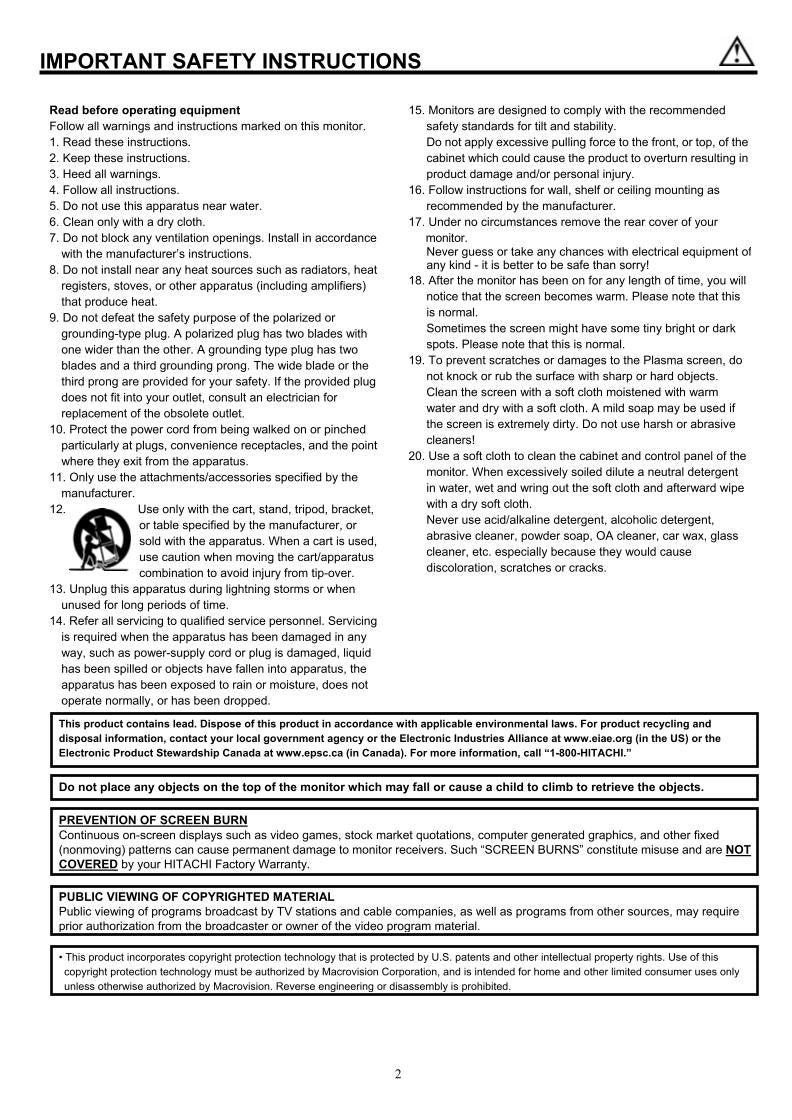 Hitachi 42 HDM 12A TV Operating Manual