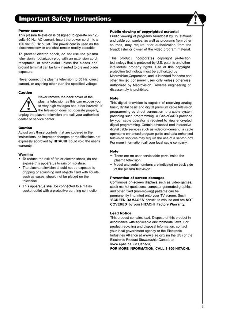 Hitachi 42 HDS 69 55 TV Operating Manual