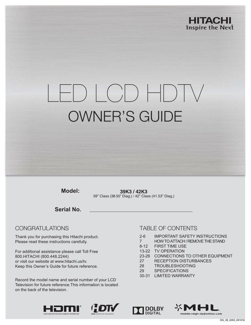 Hitachi 39 K 3 42 TV Operating Manual