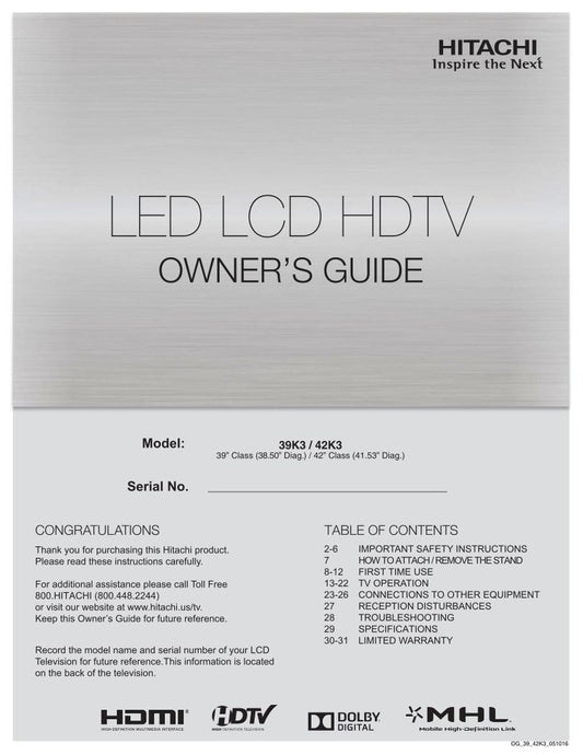 Hitachi 39 K 3 42 TV Operating Manual