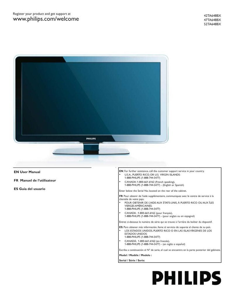 Philips 42TA648BX 42TA648BX/F7 47TA648BX TV Operating Manual