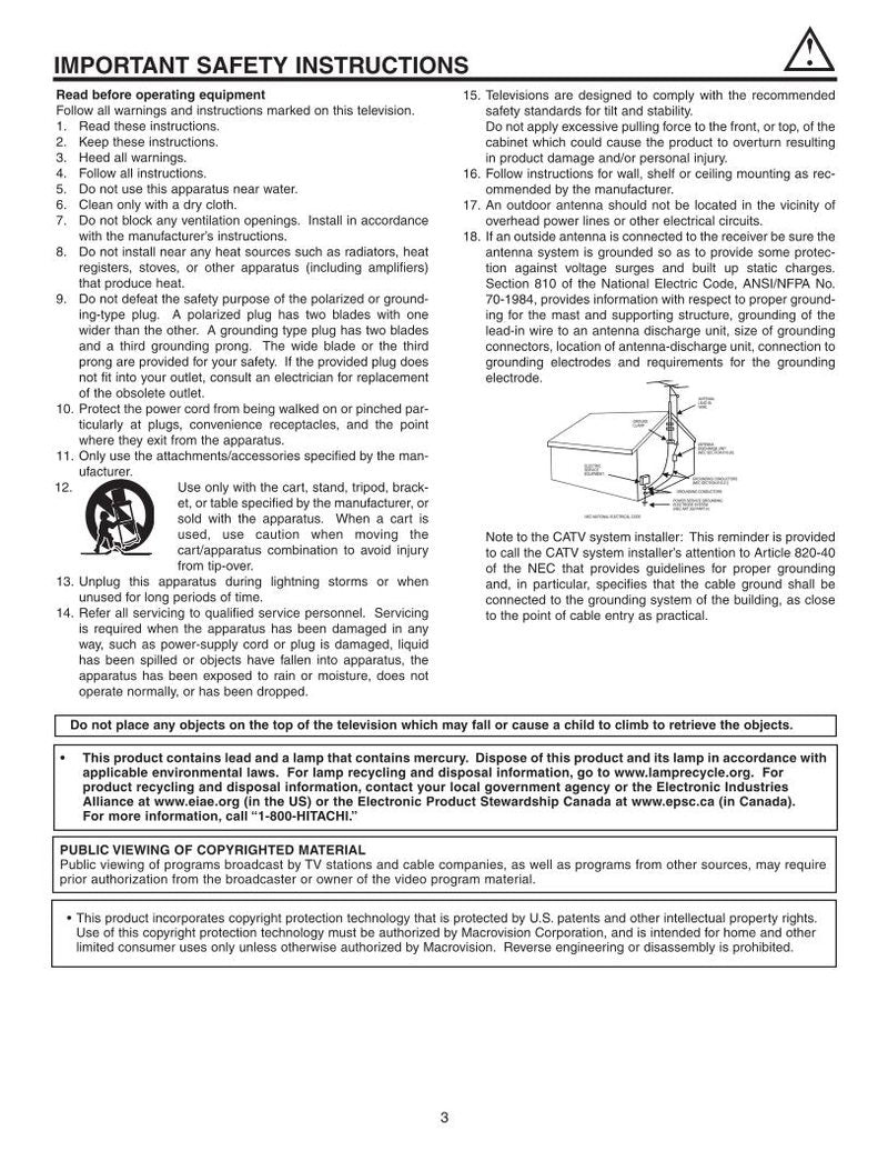 Hitachi 42 V 525 TV Operating Manual