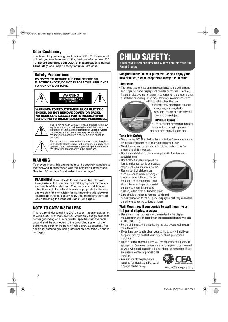 Toshiba 42XV545U 46XV545U 52XV545U TV Operating Manual