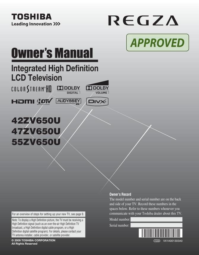 Toshiba 42ZV650U 47ZV650U 55ZV650U TV Operating Manual