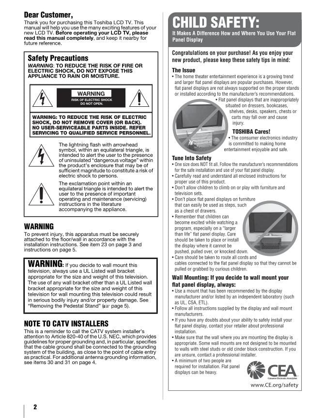 Toshiba 42ZV650U 47ZV650U 55ZV650U TV Operating Manual