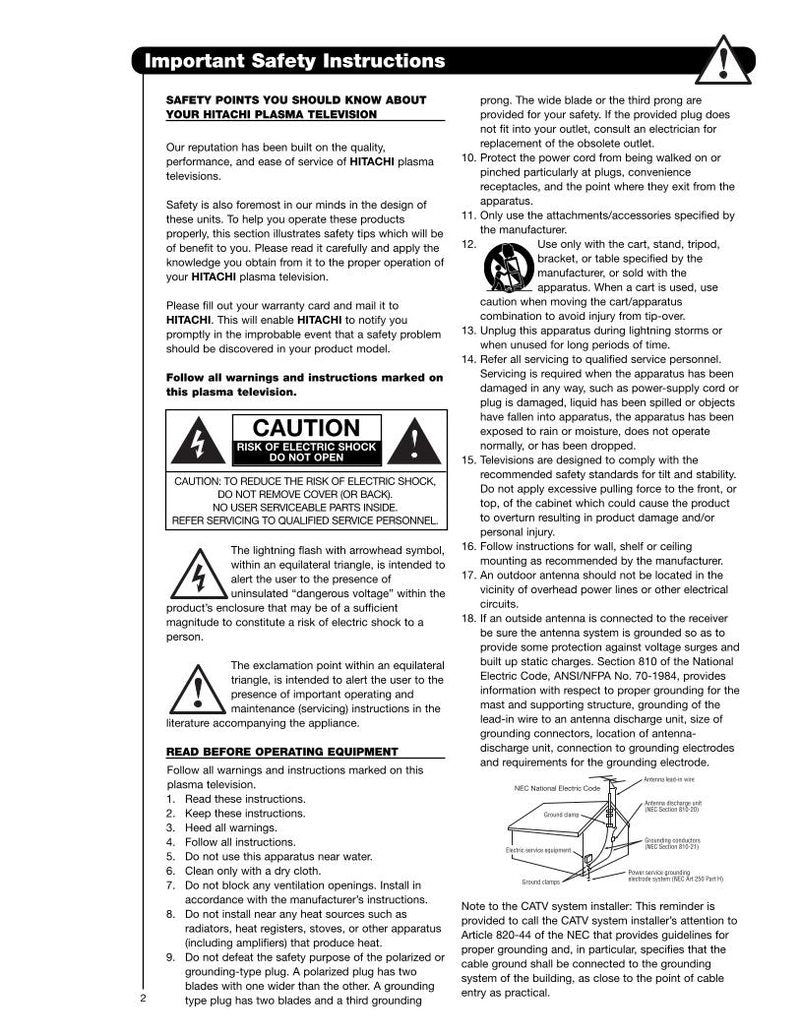 Hitachi 42 HDS 52 52A 55 TV Operating Manual