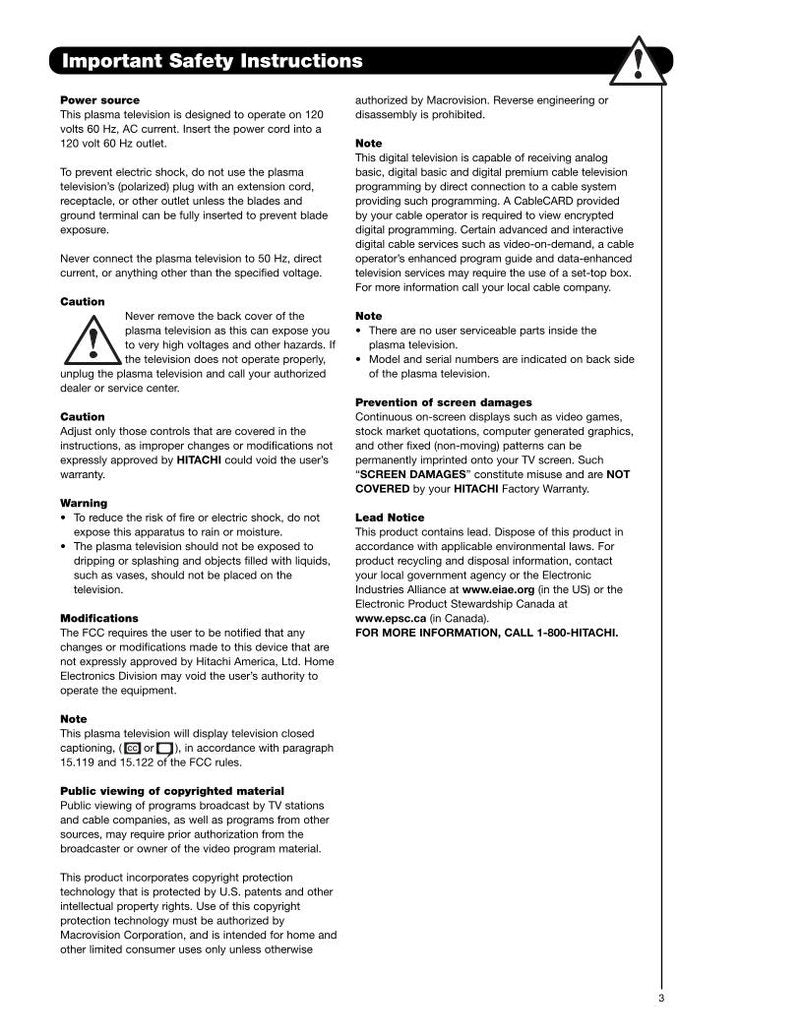 Hitachi 42 HDS 52 52A 55 TV Operating Manual