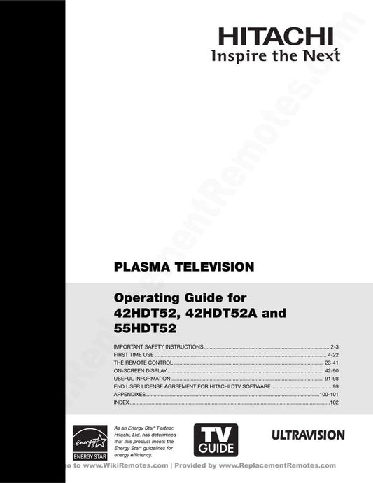 Hitachi 42 HDT 52 52A 55 TV Operating Manual