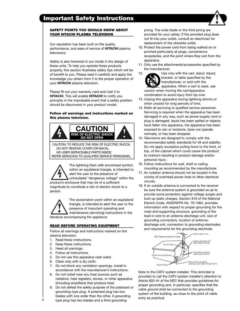 Hitachi 42 HDT 52 52A 55 TV Operating Manual