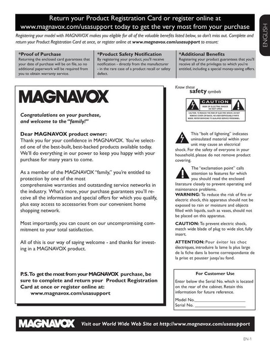 Magnavox 42MF438B/F7 52MF438B/F7 TV Operating Manual