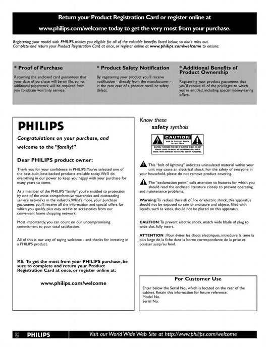 Philips 52PFL7422D/37E 19MF337B27E 42PFL7422D TV Operating Manual