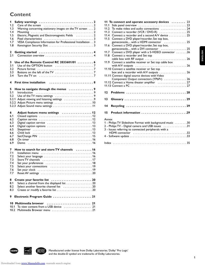 Philips 42PFL7422D/37 TV Operating Manual