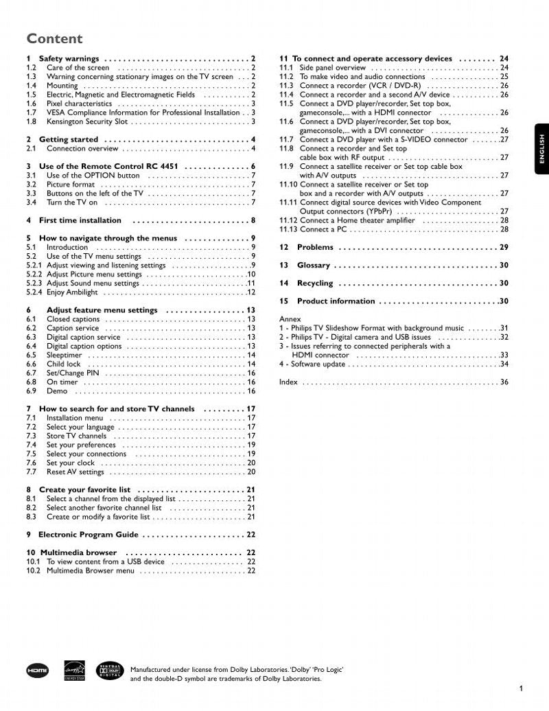 Philips 42PFL7432D/37 TV Operating Manual