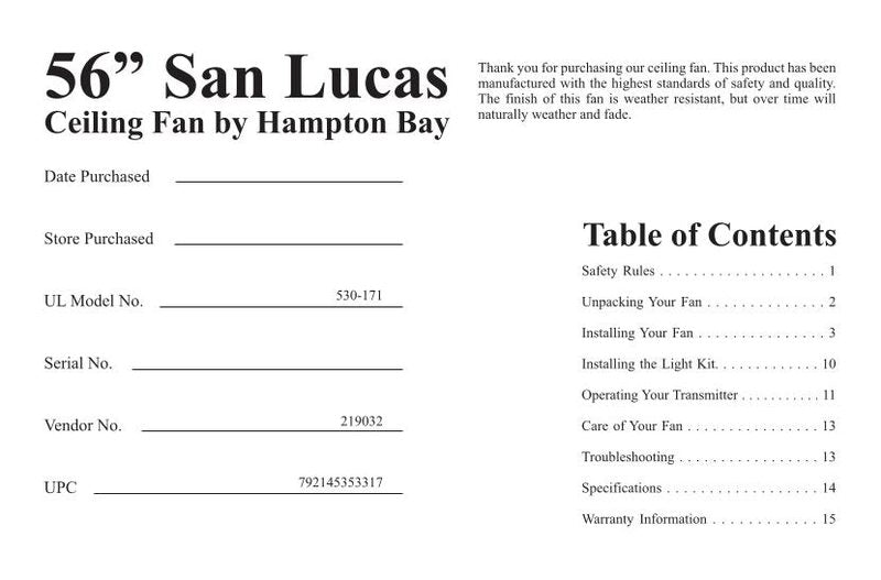 Hampton Bay AG523MH/N1 Hampton Bay San Lucas 56 In. Natural Iron Ceiling Fan Ceiling Fan Operating Manual