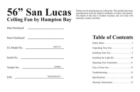 Hampton Bay AG523MH/N1 Hampton Bay San Lucas 56 In. Natural Iron Ceiling Fan Ceiling Fan Operating Manual