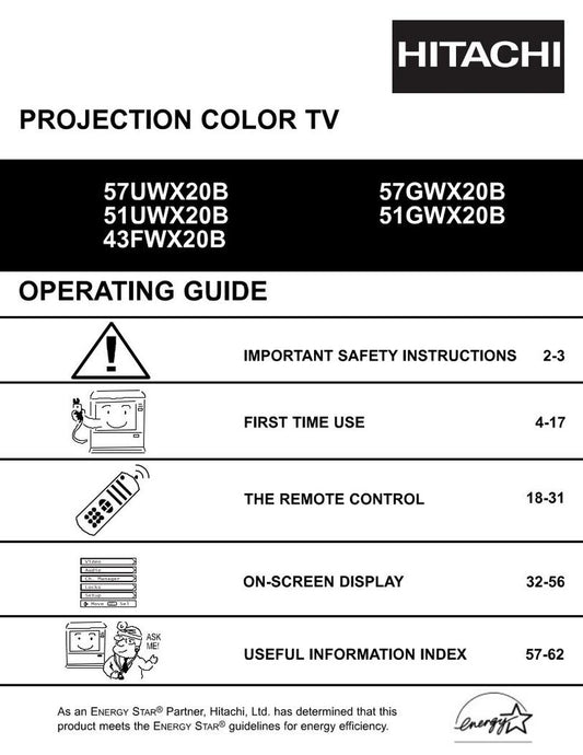 Hitachi 43 FWX 20B 51 GWX UWX TV Operating Manual