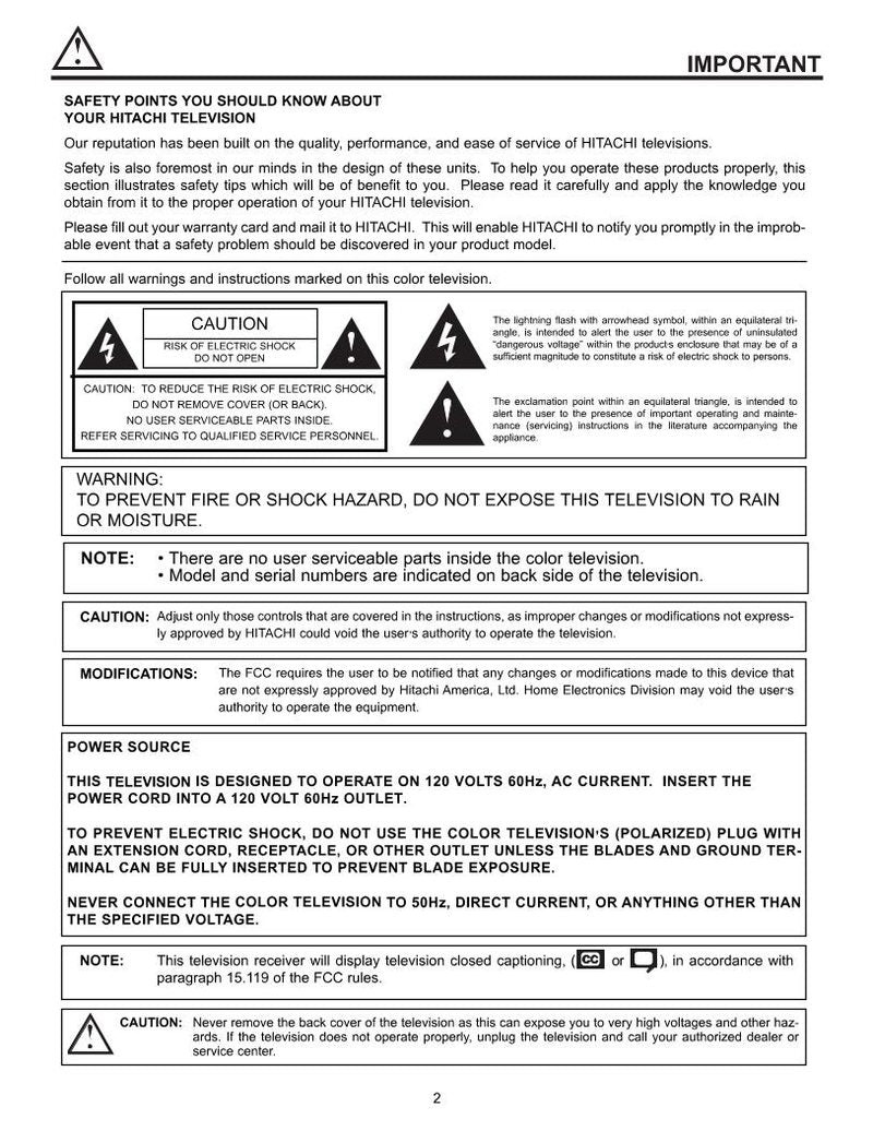 Hitachi 43 FWX 20B 51 GWX UWX TV Operating Manual