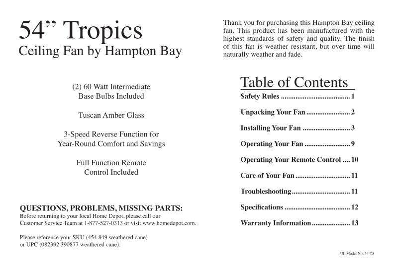 Hampton Bay 454849OM Ceiling Fan Operating Manual