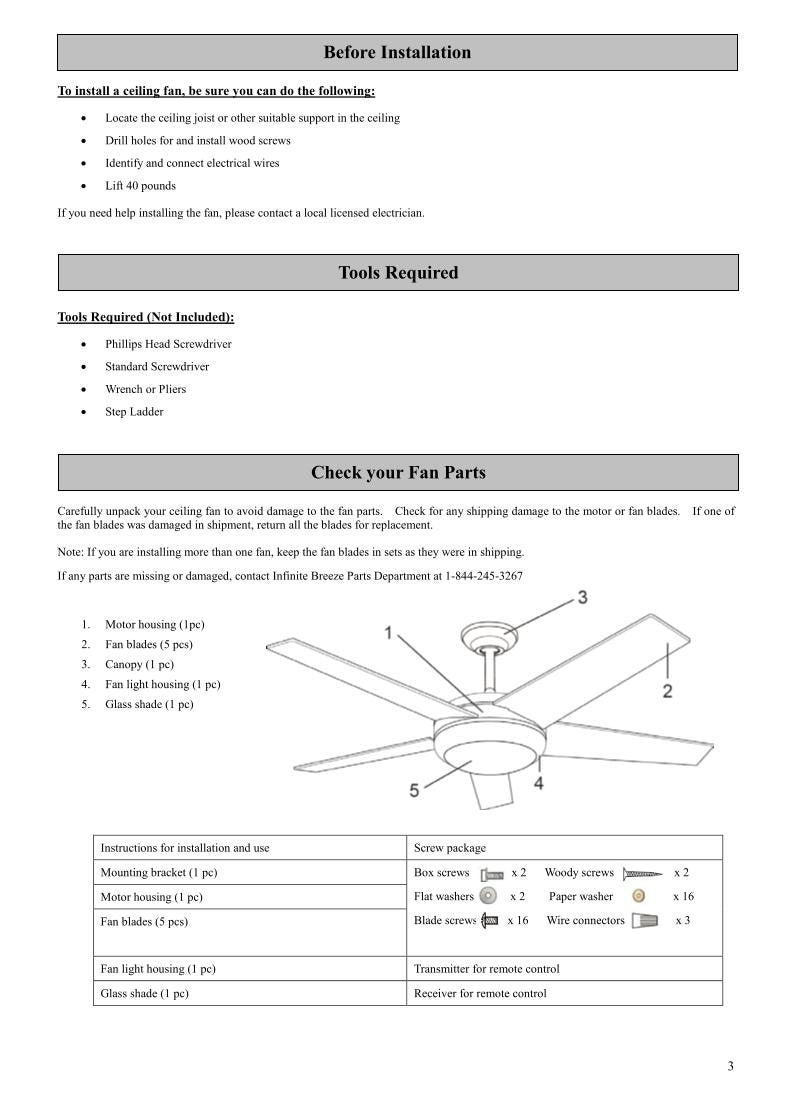 Harbor Breeze 52GALA 00883 Infinite Breeze Paddle Stream Ceiling Fan Ceiling Fan Operating Manual