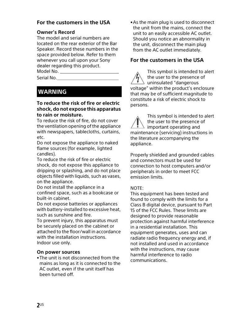 Sony HTCT290 Sound Bar System Operating Manual