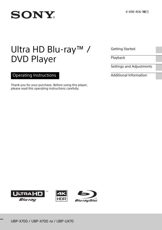 Sony UBPX700 Blu-Ray DVD Player Operating Manual