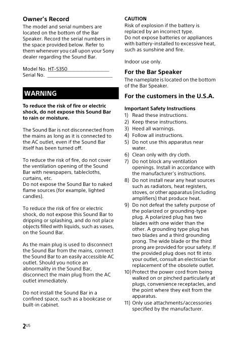 Sony HTS350 Sound Bar System Operating Manual