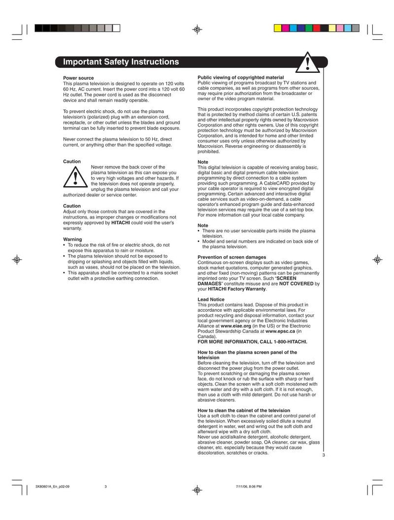 Hitachi 50 HDA 39 TV Operating Manual