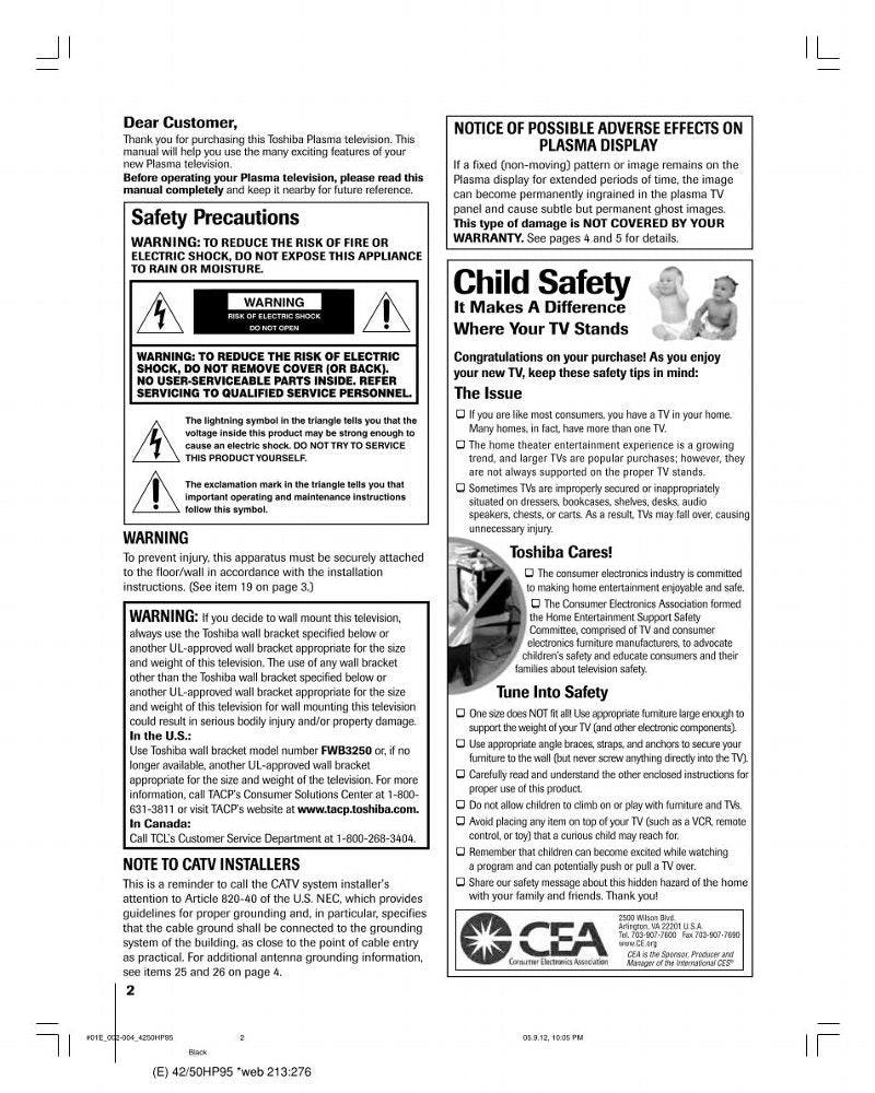 Toshiba 42HP95 50HP95 TV Operating Manual