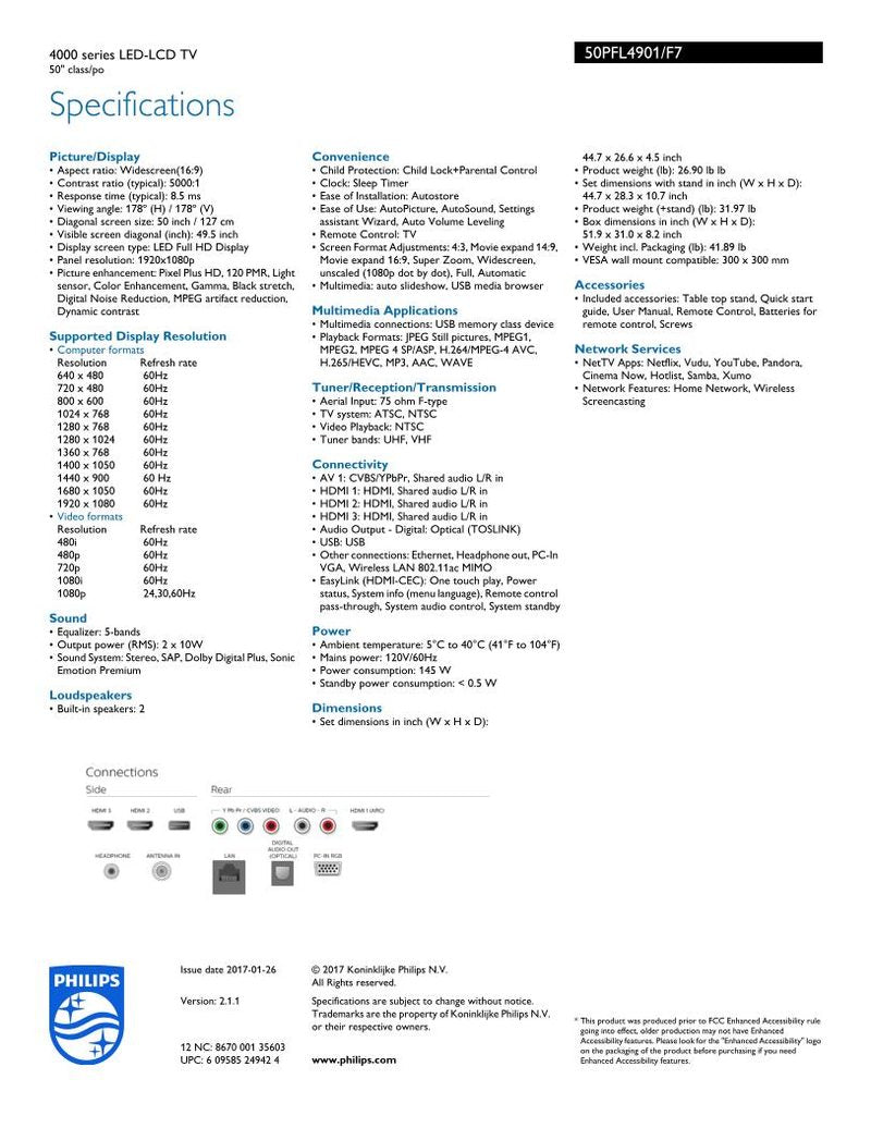 Philips 50PFL4901/F7 TV Operating Manual