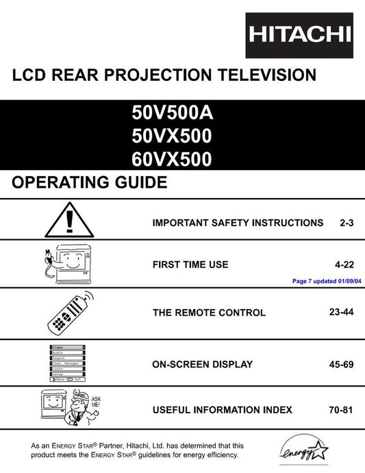 Hitachi 50 V 500 500E 500G TV Operating Manual