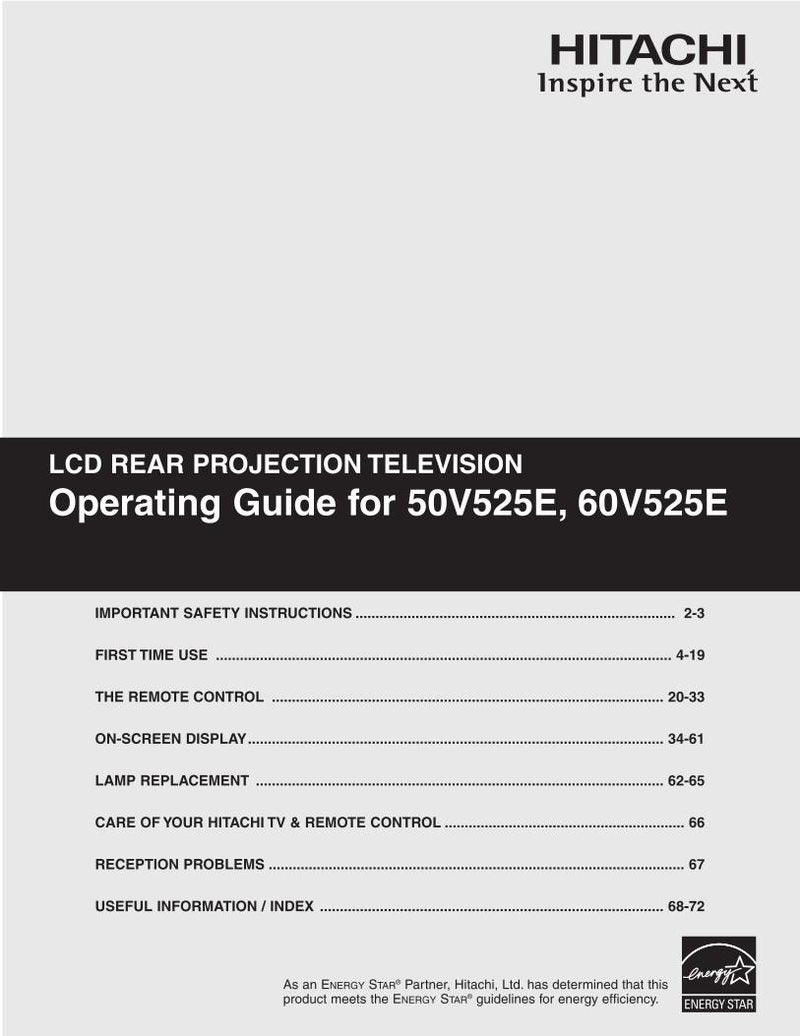 Hitachi 50 V 525E 60 TV Operating Manual