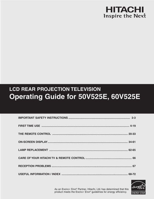 Hitachi 50 V 525E 60 TV Operating Manual