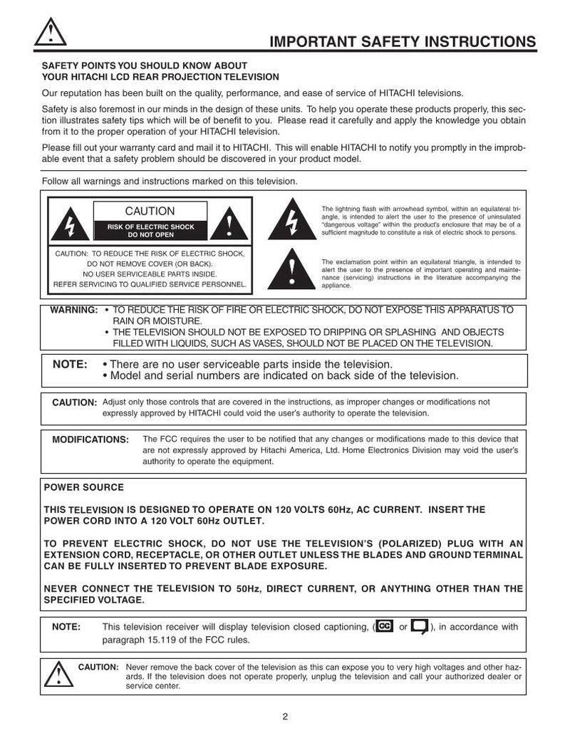 Hitachi 50 V 525E 60 TV Operating Manual