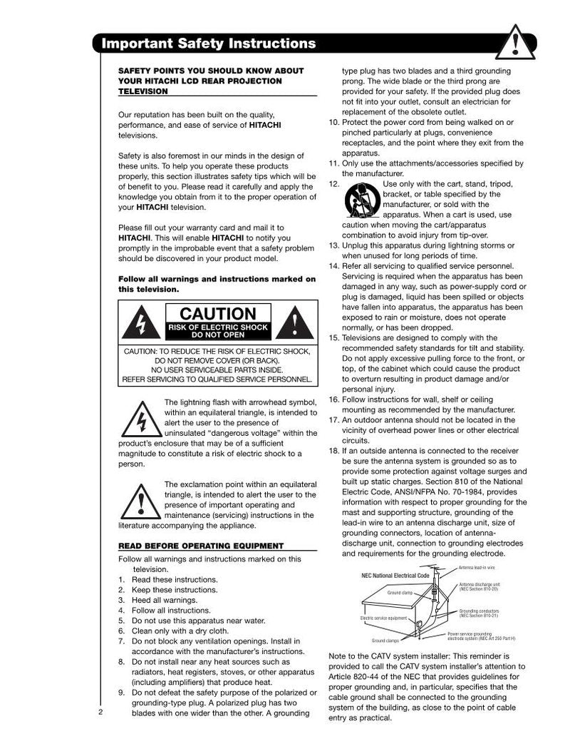 Hitachi 50 VG 825 55 60 TV Operating Manual