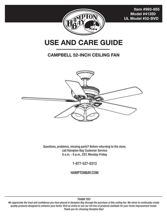 Hampton Bay 51350 Campbell 52 in Ceiling Fan Operating Manual