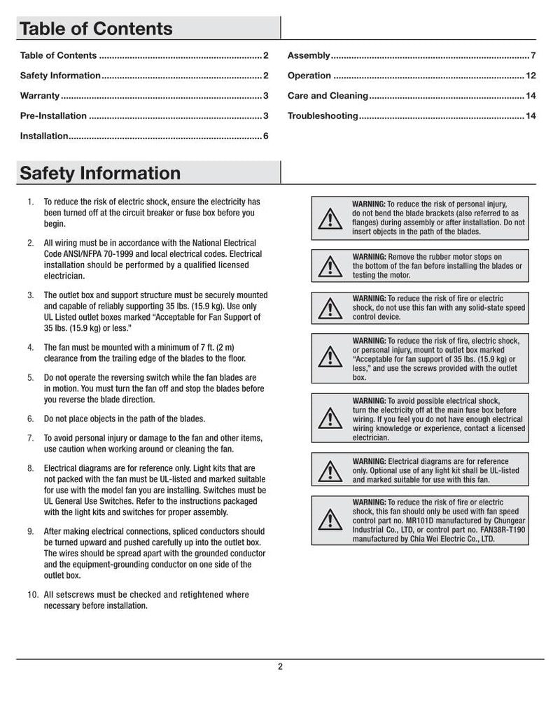 Hampton Bay 51350 Campbell 52in Ceiling Fan Operating Manual