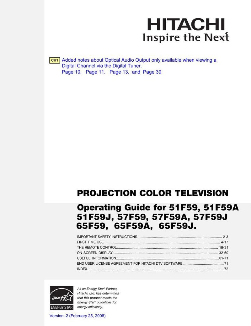 Hitachi 51 F 59 59A 59J TV Operating Manual