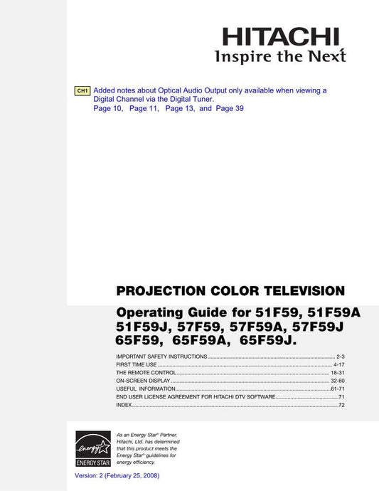 Hitachi 51 F 59 59A 59J TV Operating Manual