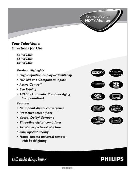 Philips 51PP9363H 51PW9363 55PW9363 TV Operating Manual