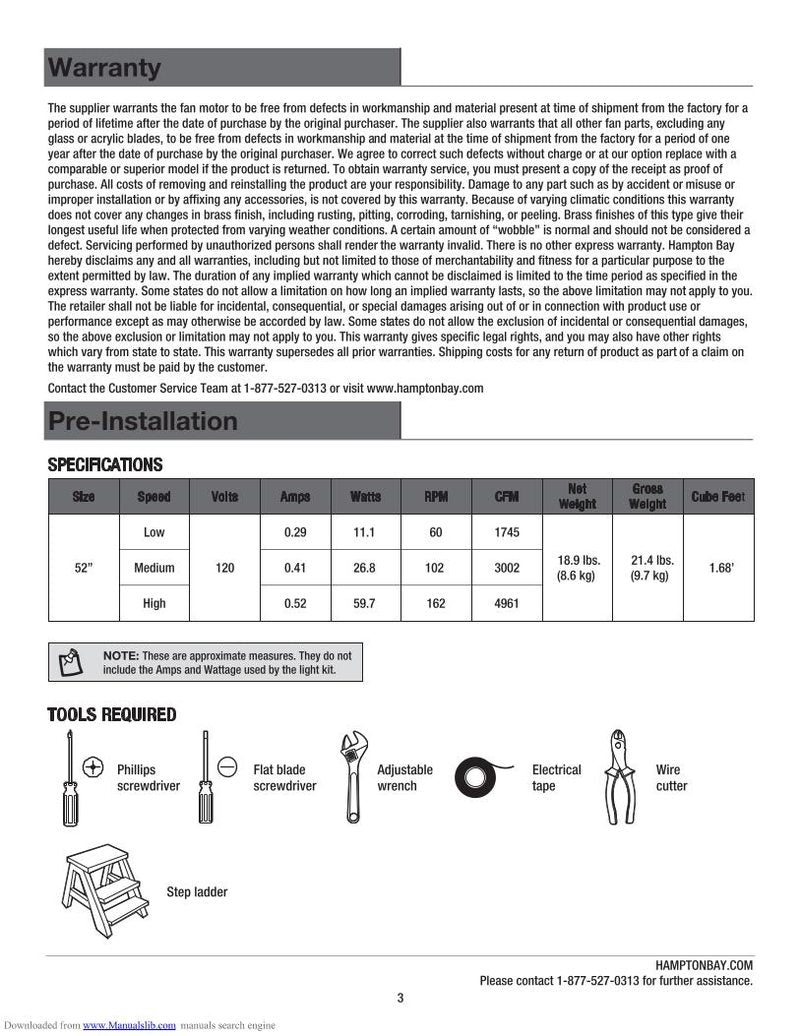 Hampton Bay 52379 Ceiling Fan Operating Manual