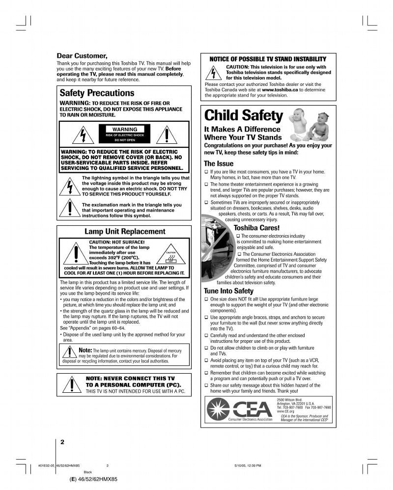 Toshiba 46HMX85 52HMX85 62HMX85 TV Operating Manual