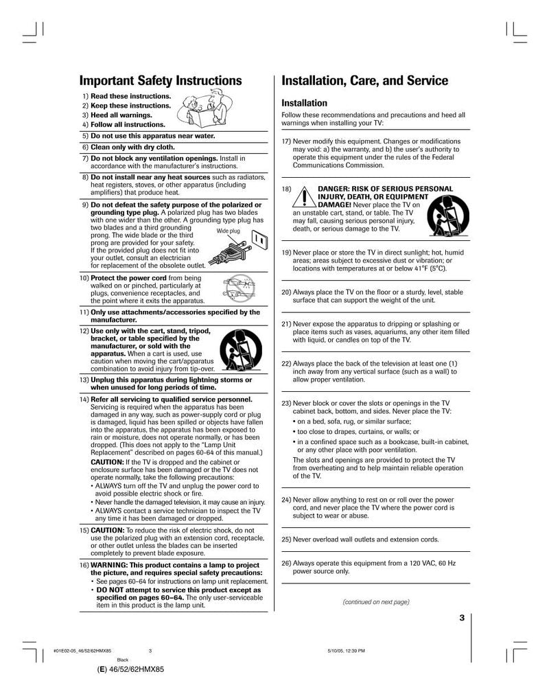 Toshiba 46HMX85 52HMX85 62HMX85 TV Operating Manual