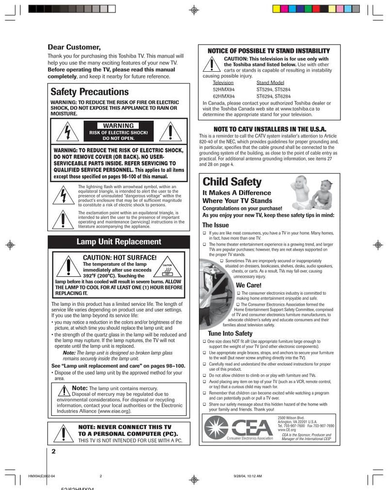 Toshiba 52HMX94 62HMX94 TV Operating Manual