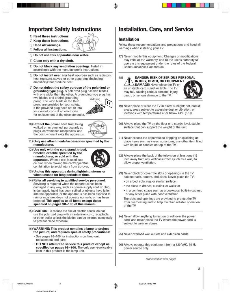 Toshiba 52HMX94 62HMX94 TV Operating Manual