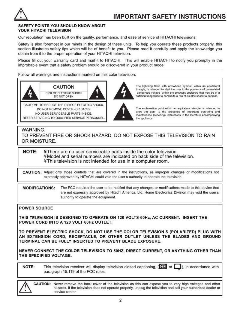 Hitachi 53 SBX 10 10B TV Operating Manual