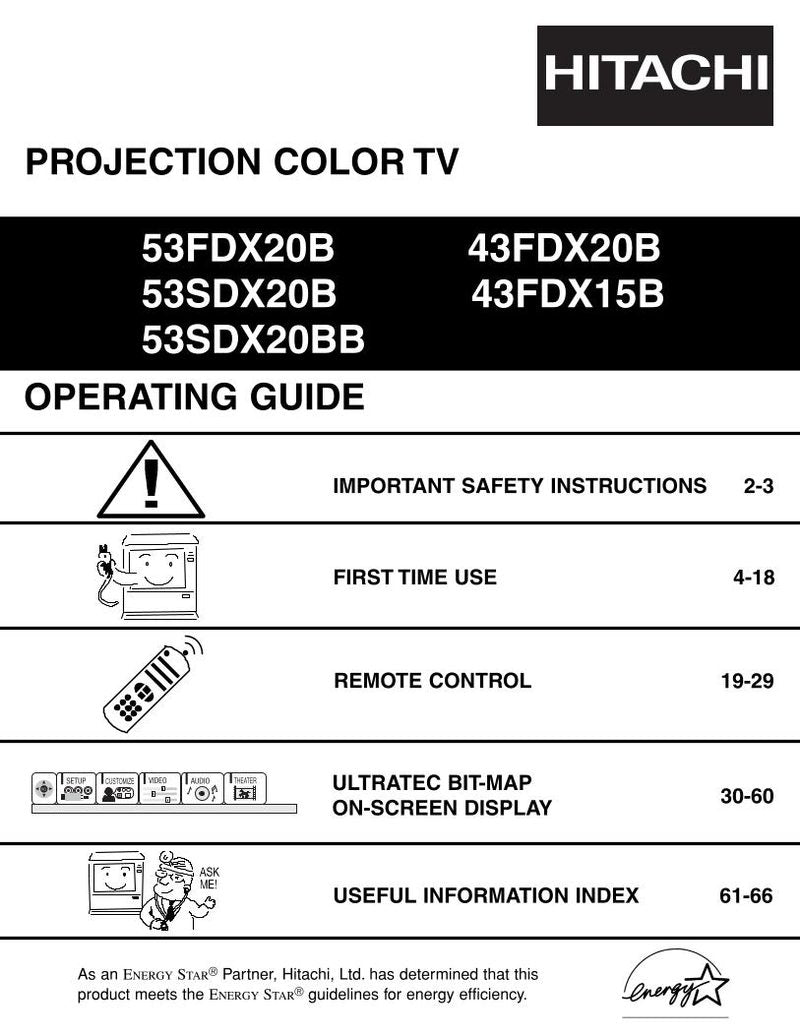 Hitachi 43 FDX 15B 20B 53 TV Operating Manual