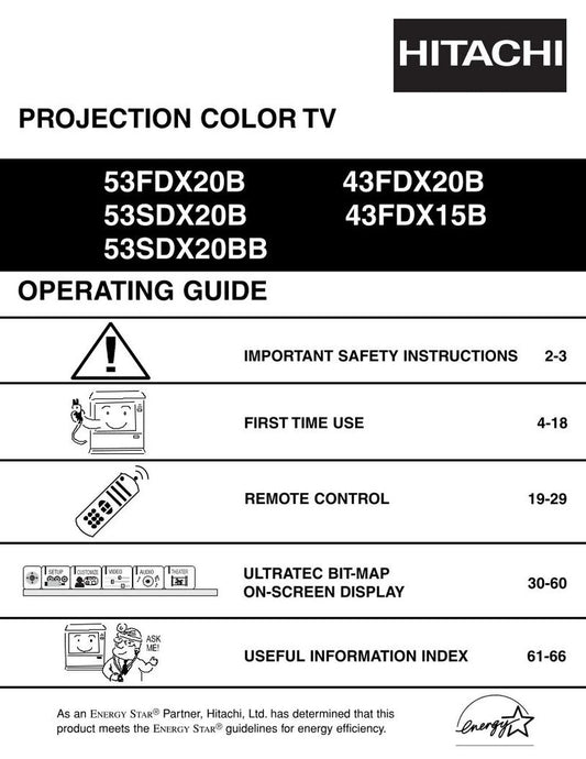Hitachi 43 FDX 15B 20B 53 TV Operating Manual
