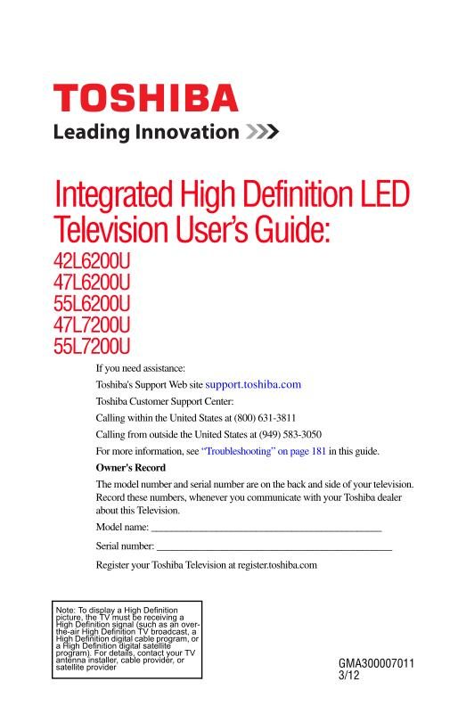 Toshiba 42L6200U 47L6200U 47L7200U Consumer Electronics Operating Manual