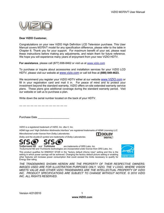 Vizio M370VT TV Operating Manual