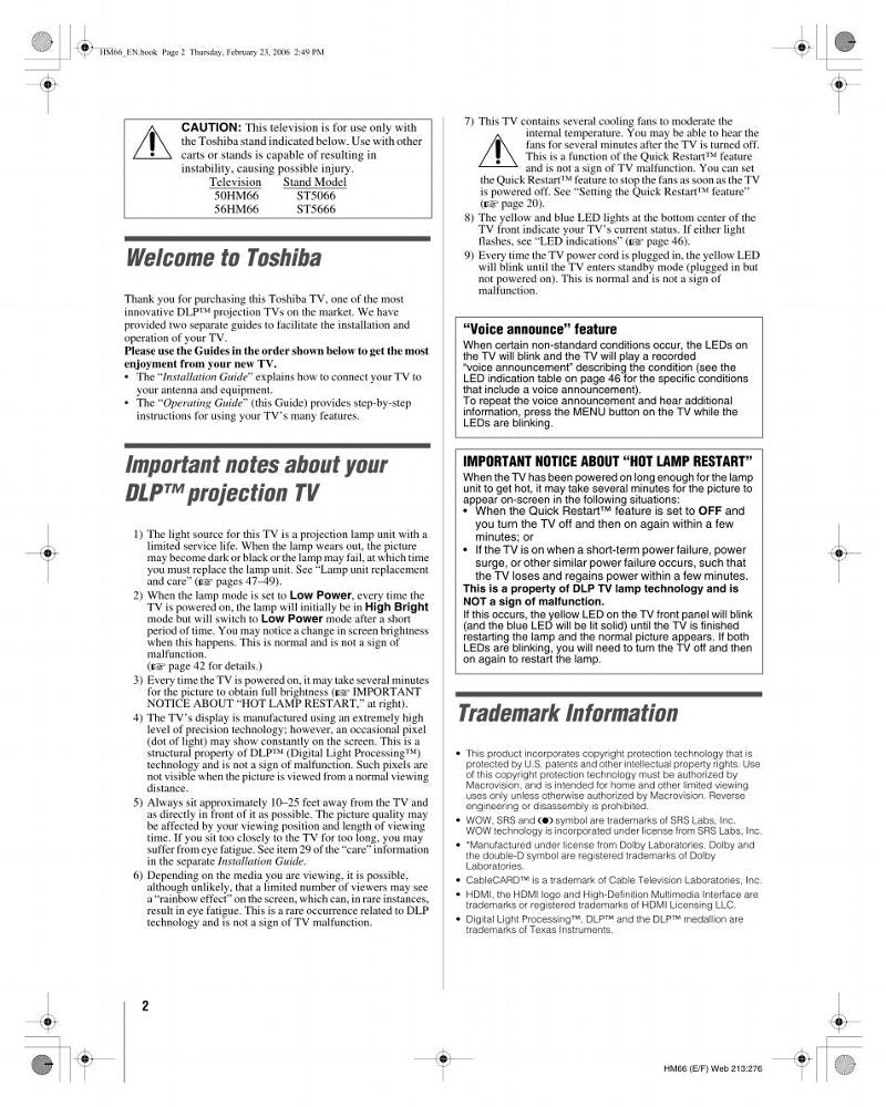 Toshiba 50HM66 56HM66 TV Operating Manual